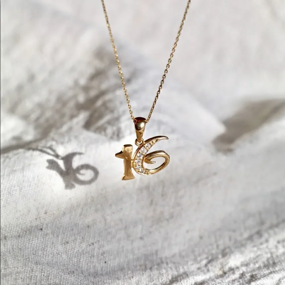 14k Solid Gold Sweet 16 Charm | Sweet 16 Jewelry | Real Gold Pendant | Birthday